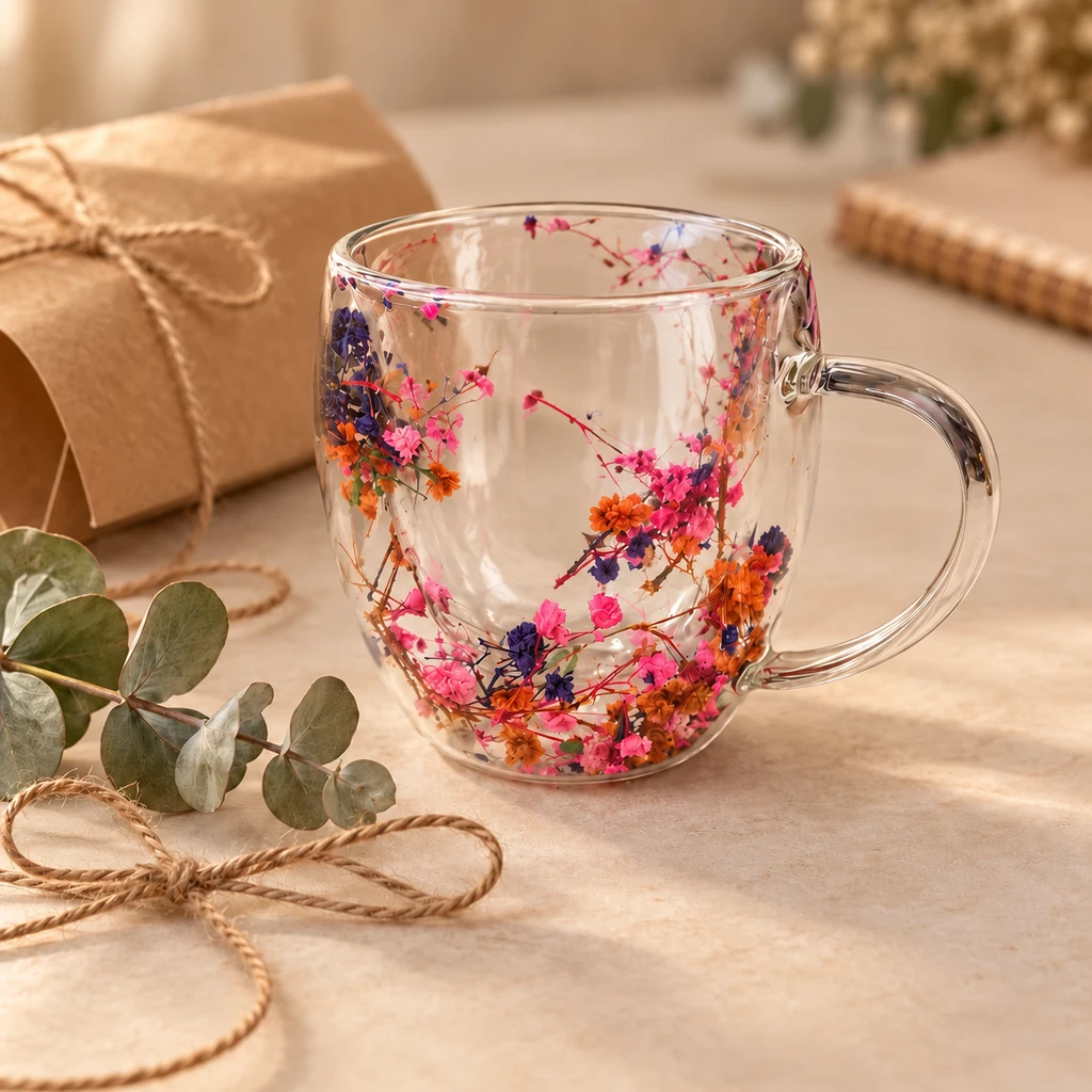 Double Wall Dried Flower Glass Mug - view 4